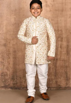 Embroidered Dupion Silk Sherwani Set in Cream