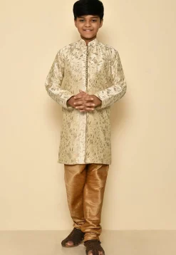 Embroidered Dupion Silk Sherwani Set in Light Beige