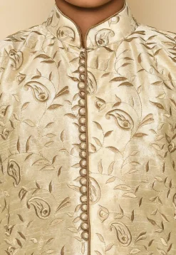 Embroidered Dupion Silk Sherwani Set in Light Beige