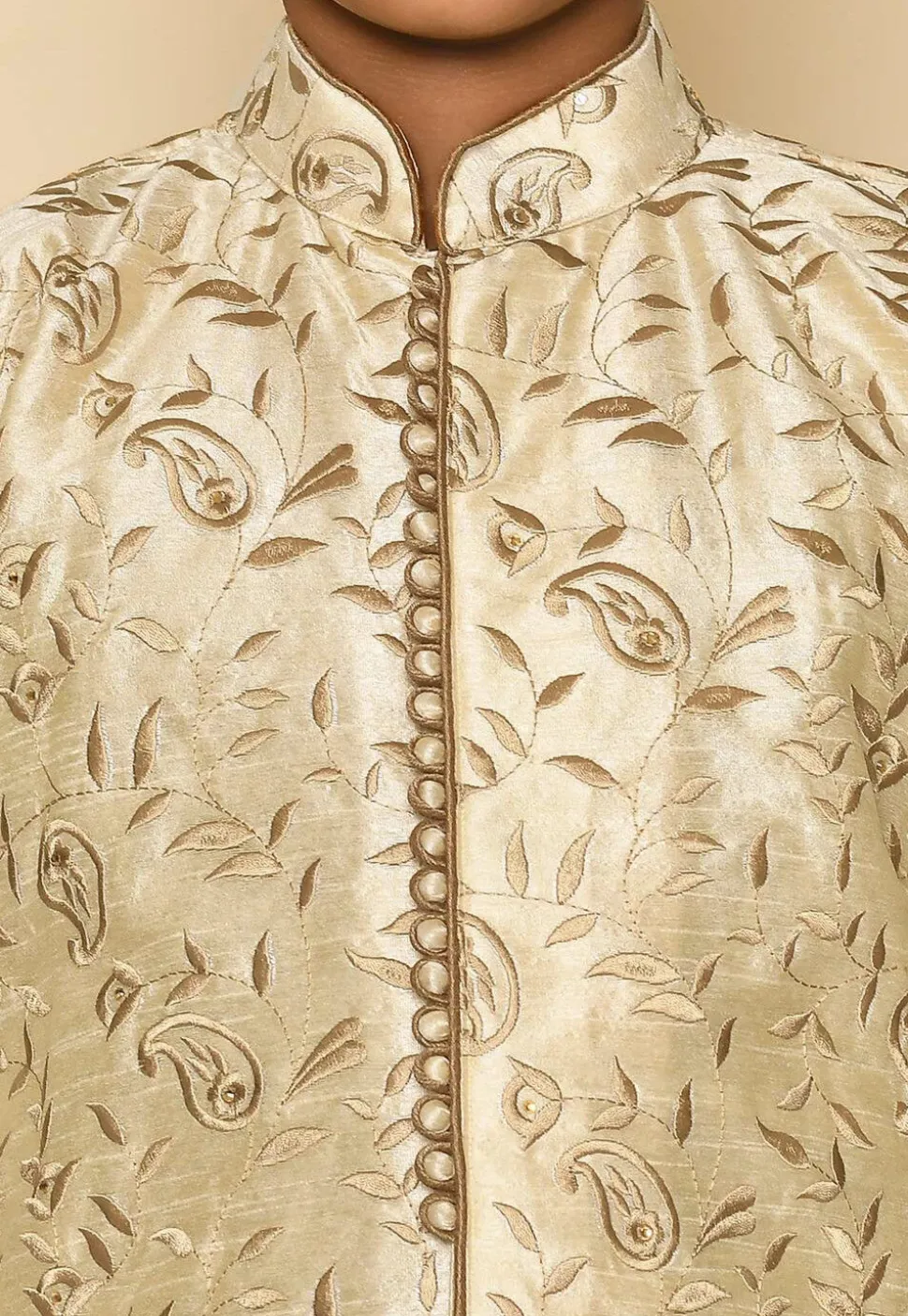 Embroidered Dupion Silk Sherwani Set in Light Beige
