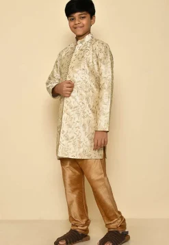 Embroidered Dupion Silk Sherwani Set in Light Beige