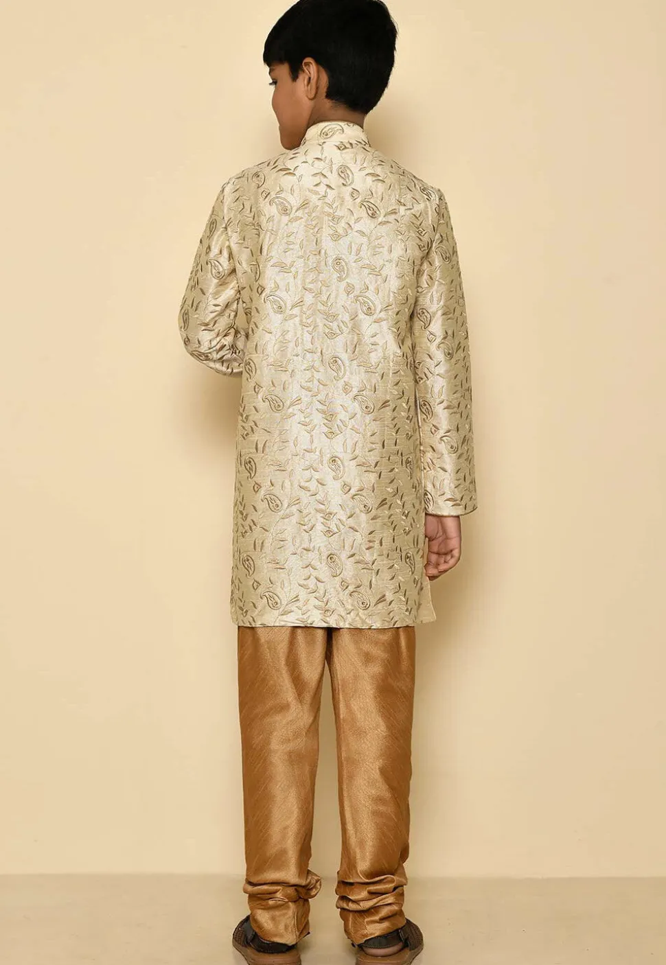 Embroidered Dupion Silk Sherwani Set in Light Beige