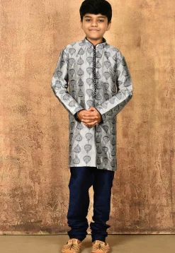 Embroidered Dupion Silk Sherwani Set in Grey