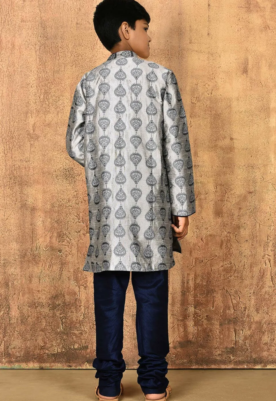 Embroidered Dupion Silk Sherwani Set in Grey