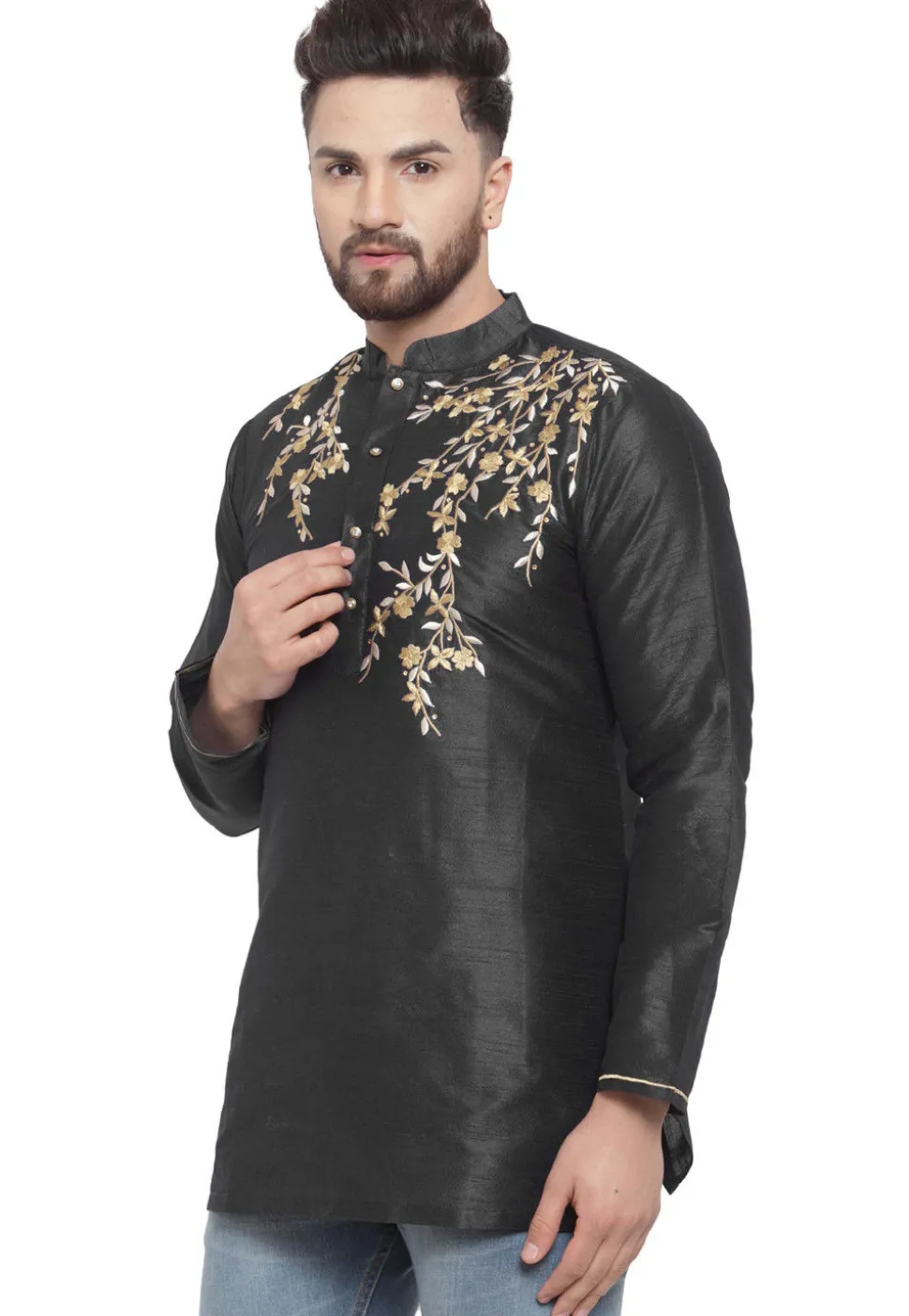 Embroidered Dupion Silk Short Kurta in Black