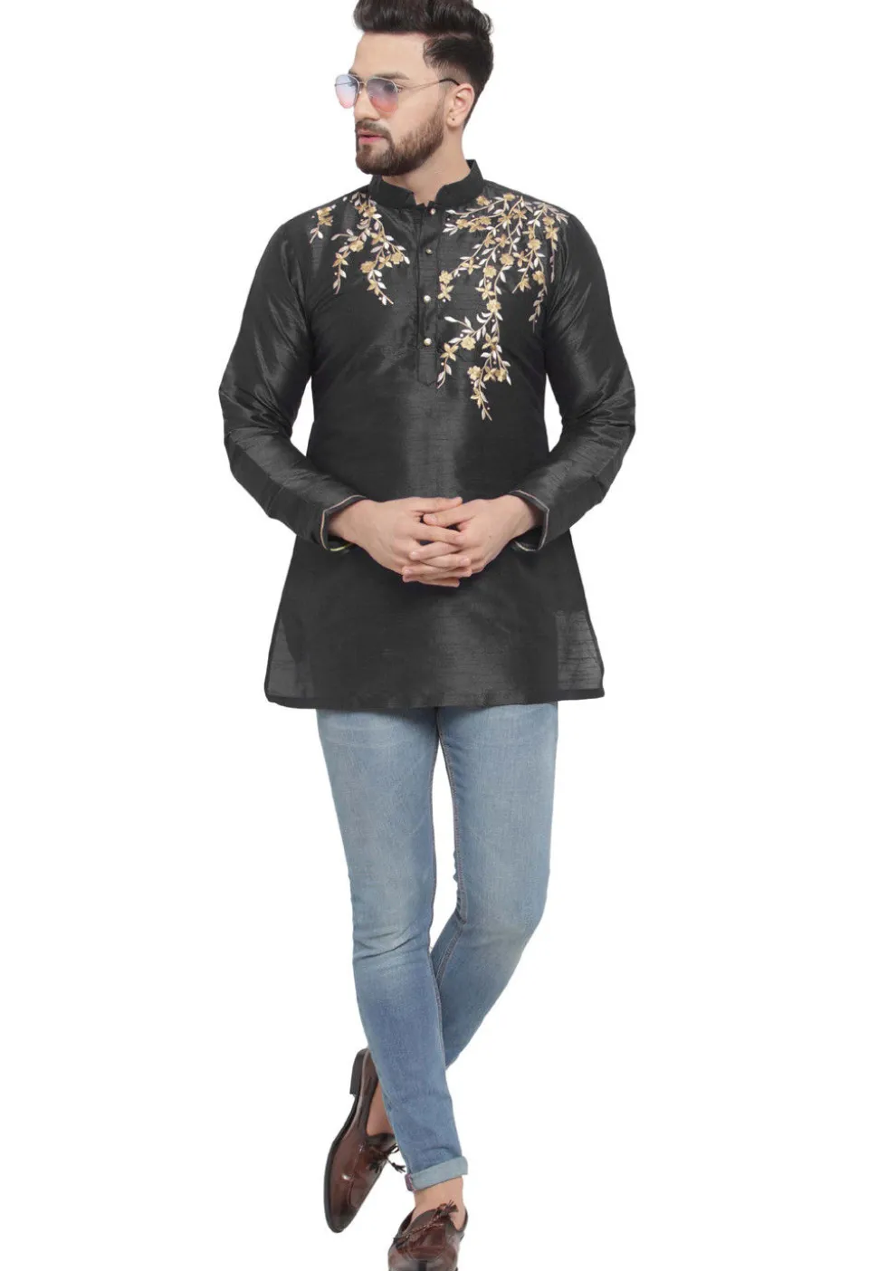 Embroidered Dupion Silk Short Kurta in Black