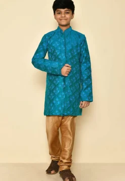 Embroidered Dupion Silk Sherwani Set in Teal Blue