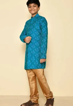 Embroidered Dupion Silk Sherwani Set in Teal Blue