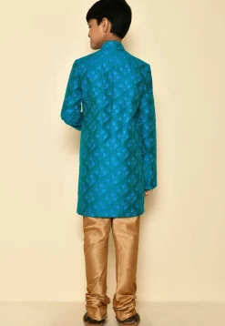 Embroidered Dupion Silk Sherwani Set in Teal Blue
