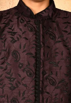 Embroidered Dupion Silk Sherwani Set in Wine