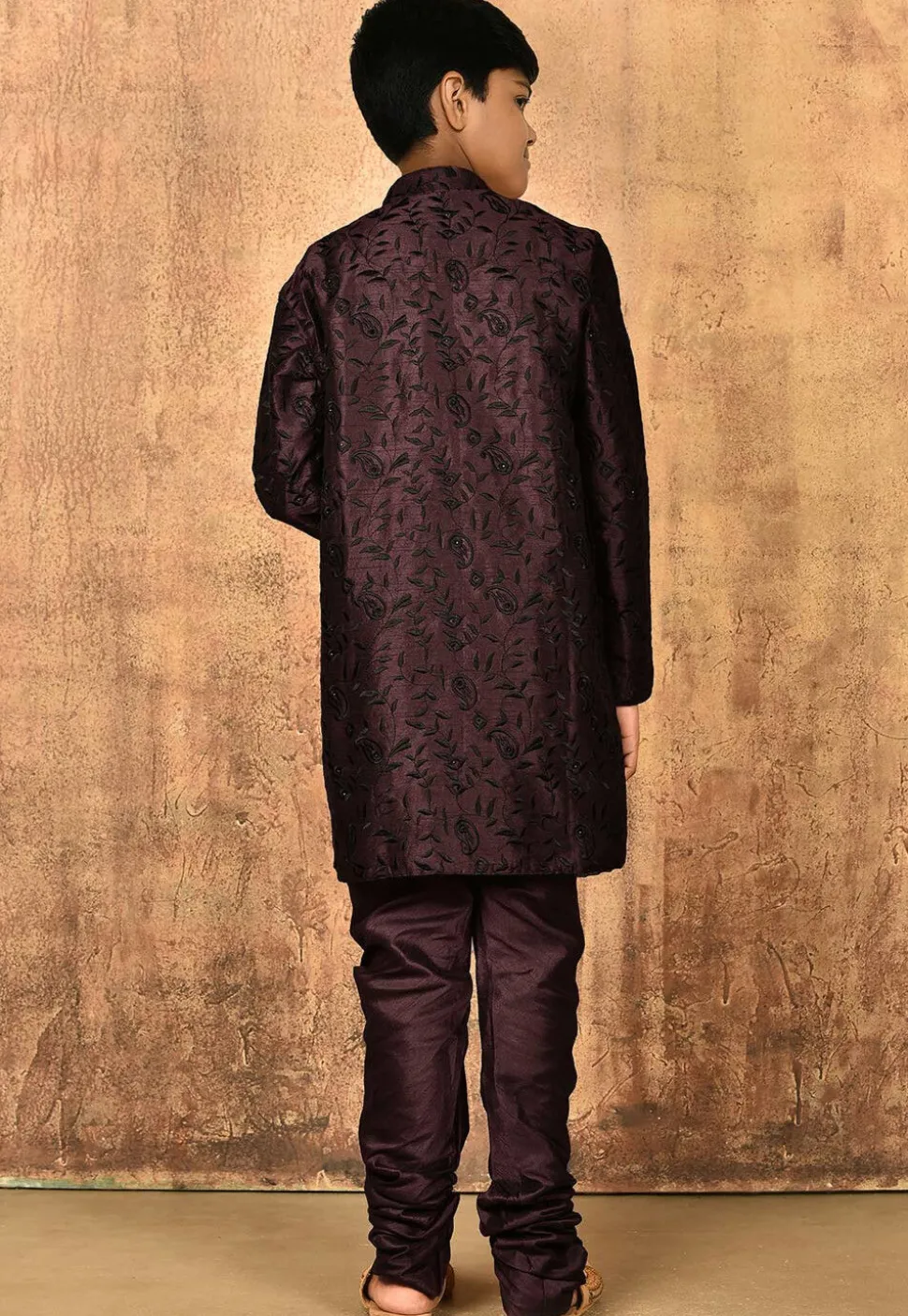 Embroidered Dupion Silk Sherwani Set in Wine