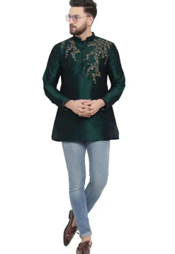 Embroidered Dupion Silk Short Kurta in Dark Green
