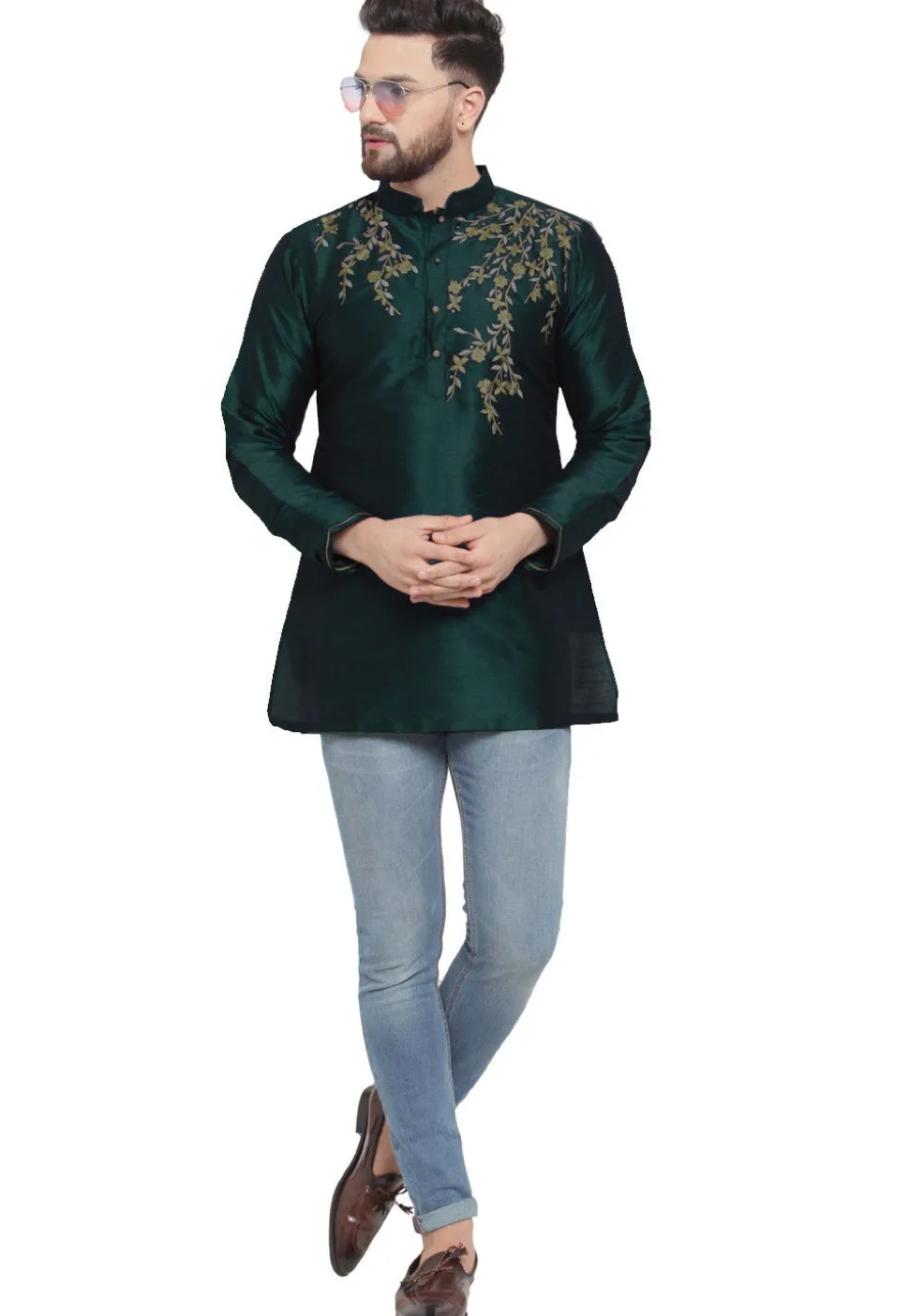 Embroidered Dupion Silk Short Kurta in Dark Green