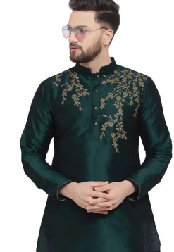 Embroidered Dupion Silk Short Kurta in Dark Green