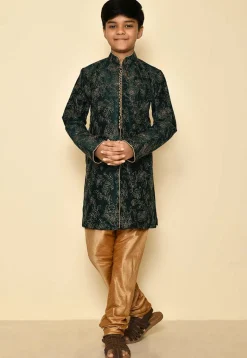 Embroidered Dupion Silk Sherwani Set in Dark Green