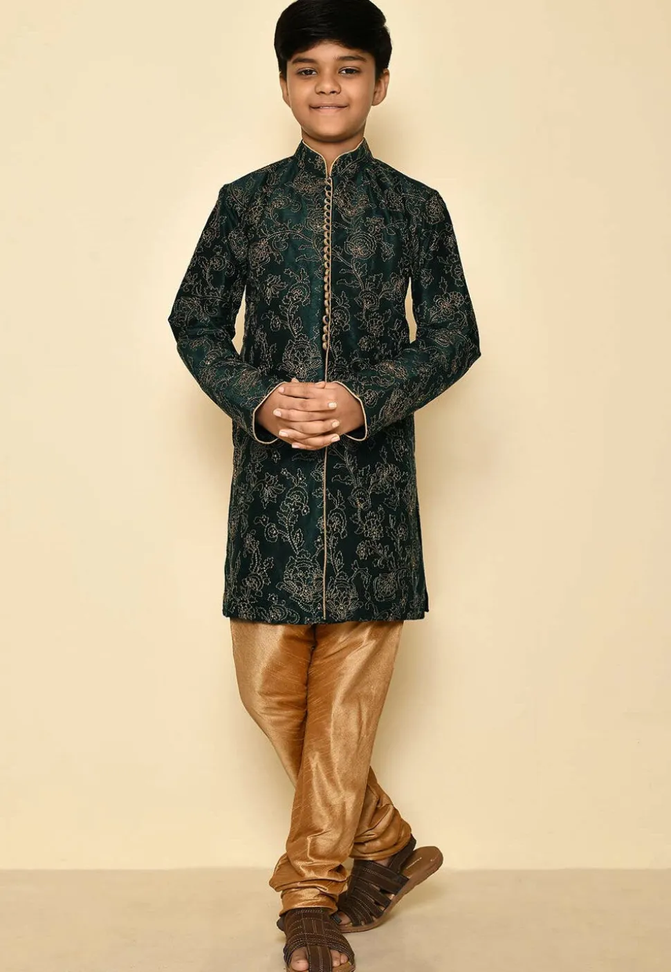 Embroidered Dupion Silk Sherwani Set in Dark Green
