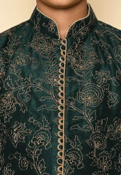 Embroidered Dupion Silk Sherwani Set in Dark Green