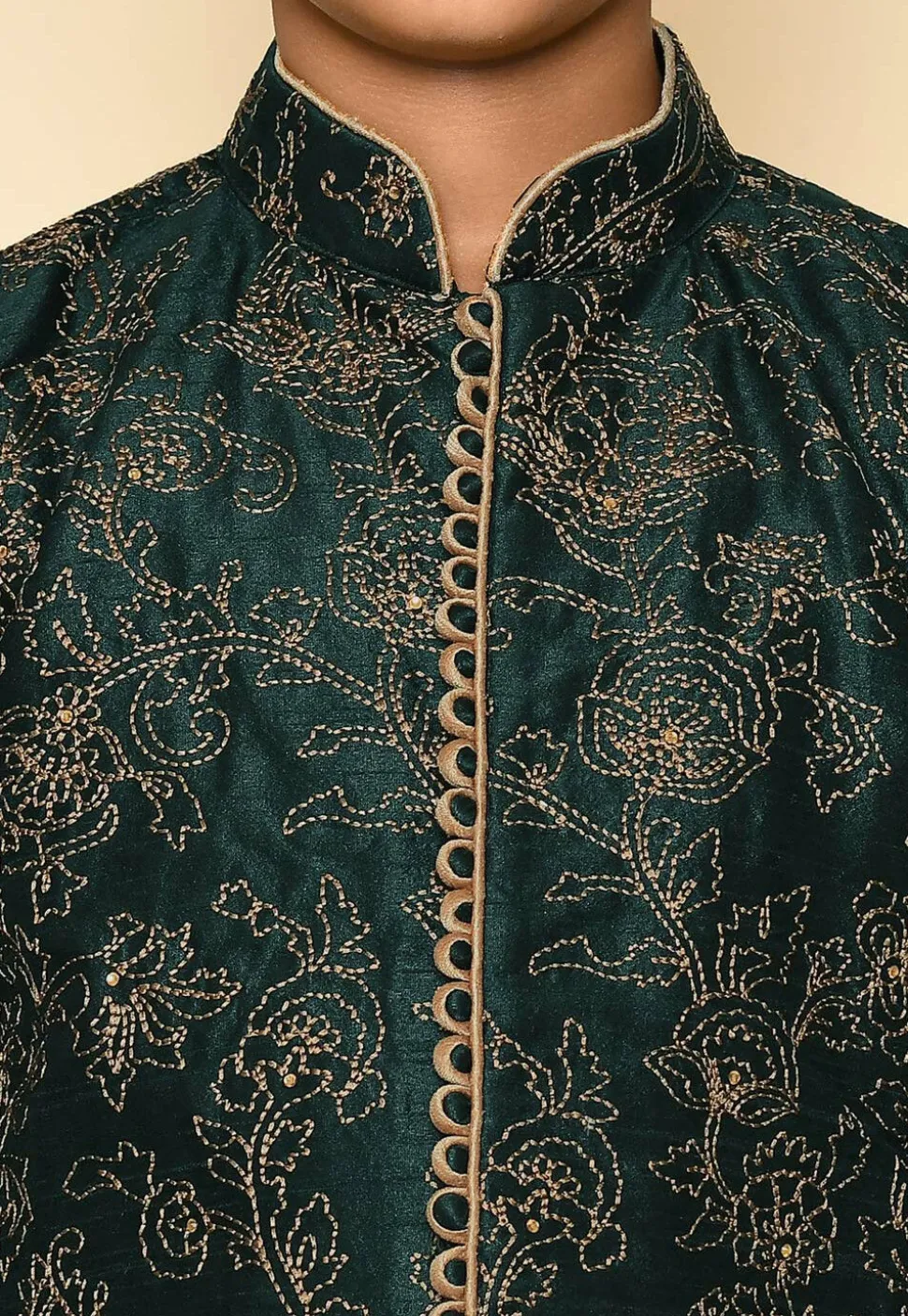 Embroidered Dupion Silk Sherwani Set in Dark Green