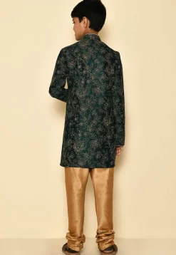 Embroidered Dupion Silk Sherwani Set in Dark Green