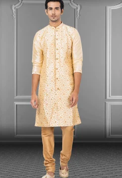 Embroidered Dupion Silk Sherwani in Light Beige