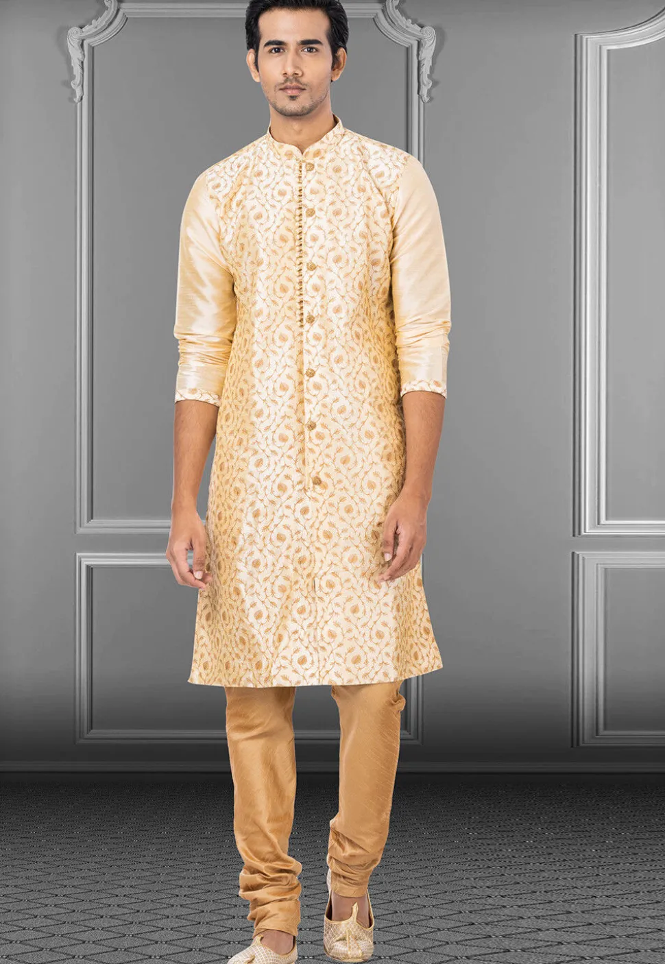 Embroidered Dupion Silk Sherwani in Light Beige