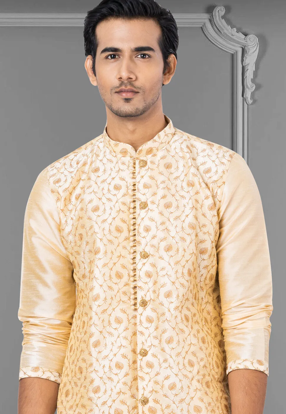 Embroidered Dupion Silk Sherwani in Light Beige