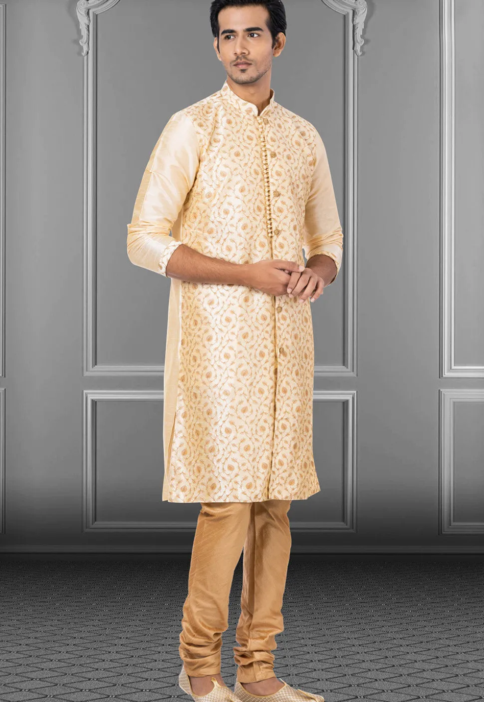 Embroidered Dupion Silk Sherwani in Light Beige