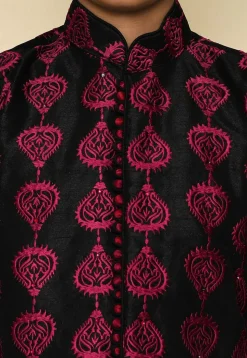 Embroidered Dupion Silk Sherwani Set in Black
