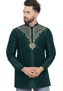 Embroidered Dupion Silk Short Kurta in Dark Teal Green