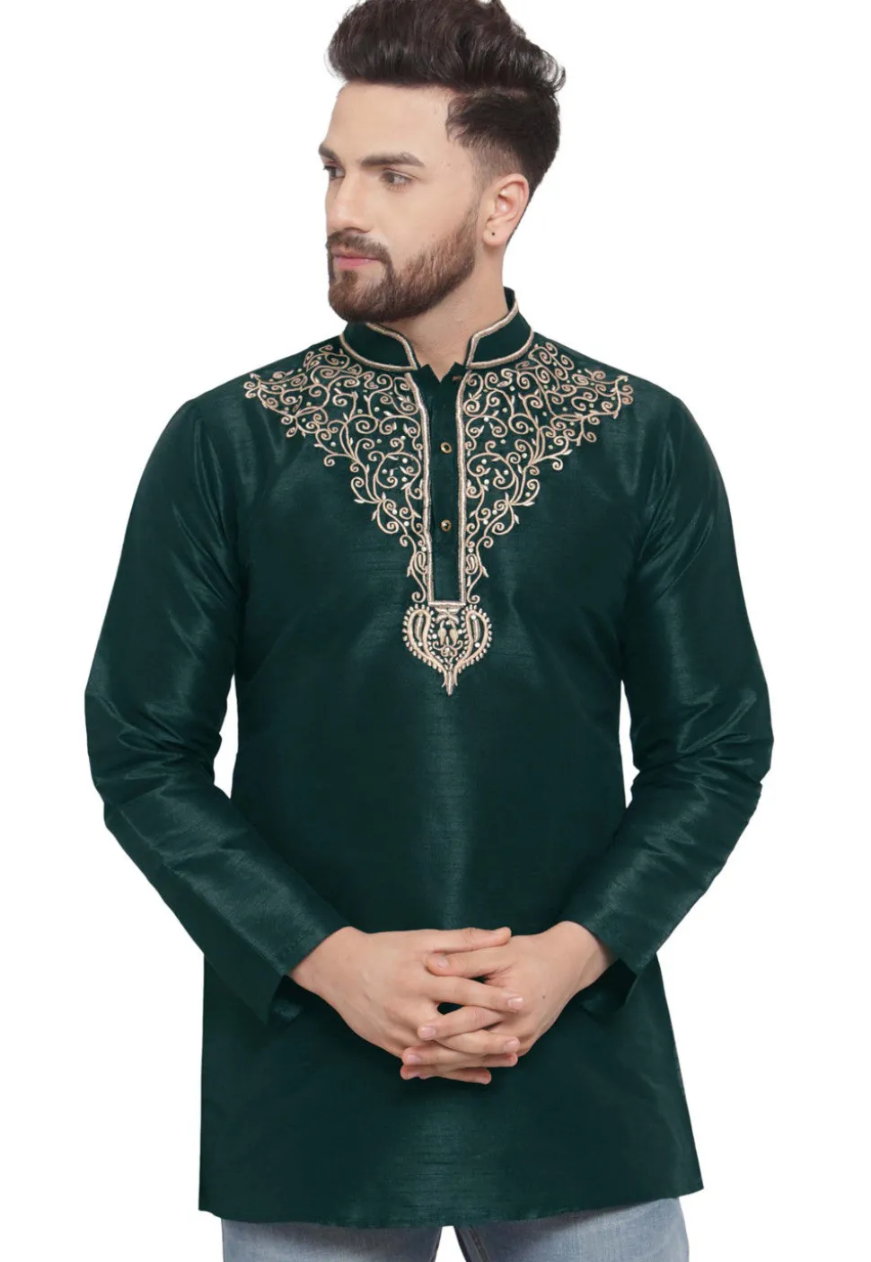 Embroidered Dupion Silk Short Kurta in Dark Teal Green