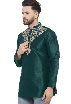 Embroidered Dupion Silk Short Kurta in Dark Teal Green