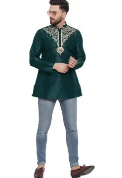 Embroidered Dupion Silk Short Kurta in Dark Teal Green