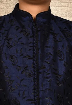 Embroidered Dupion Silk Sherwani in Navy Blue