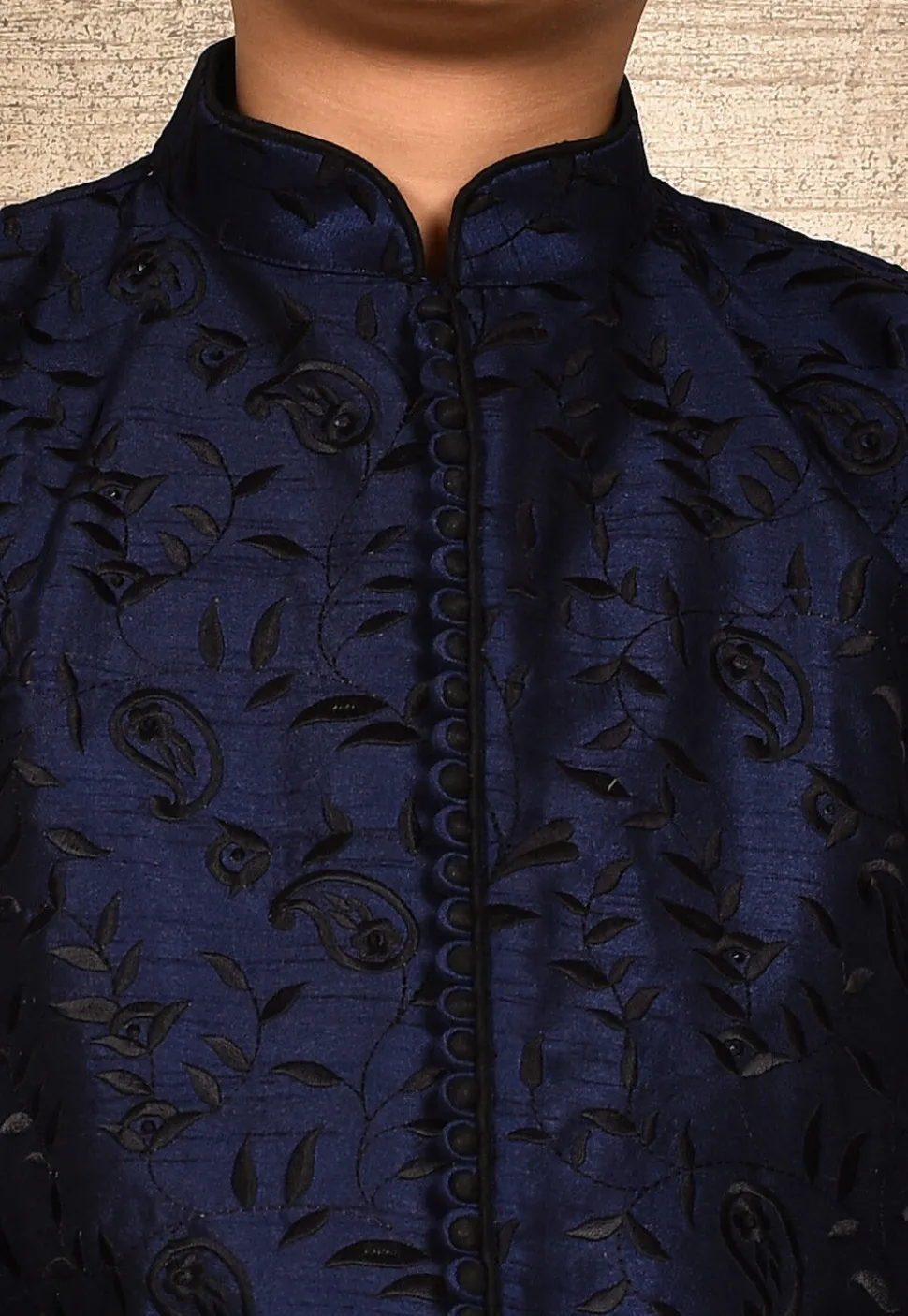 Embroidered Dupion Silk Sherwani in Navy Blue