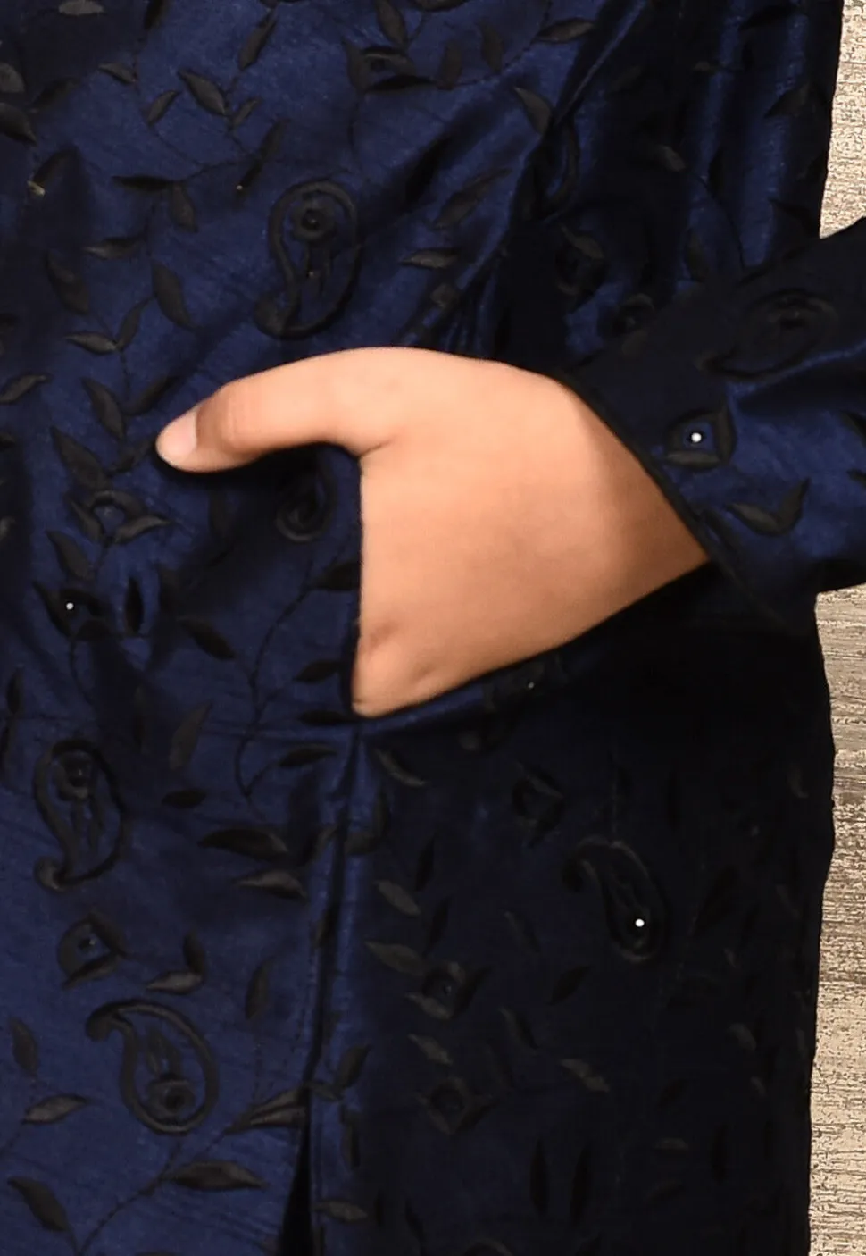 Embroidered Dupion Silk Sherwani in Navy Blue
