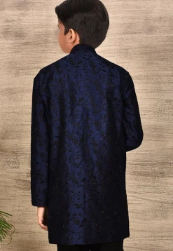 Embroidered Dupion Silk Sherwani in Navy Blue