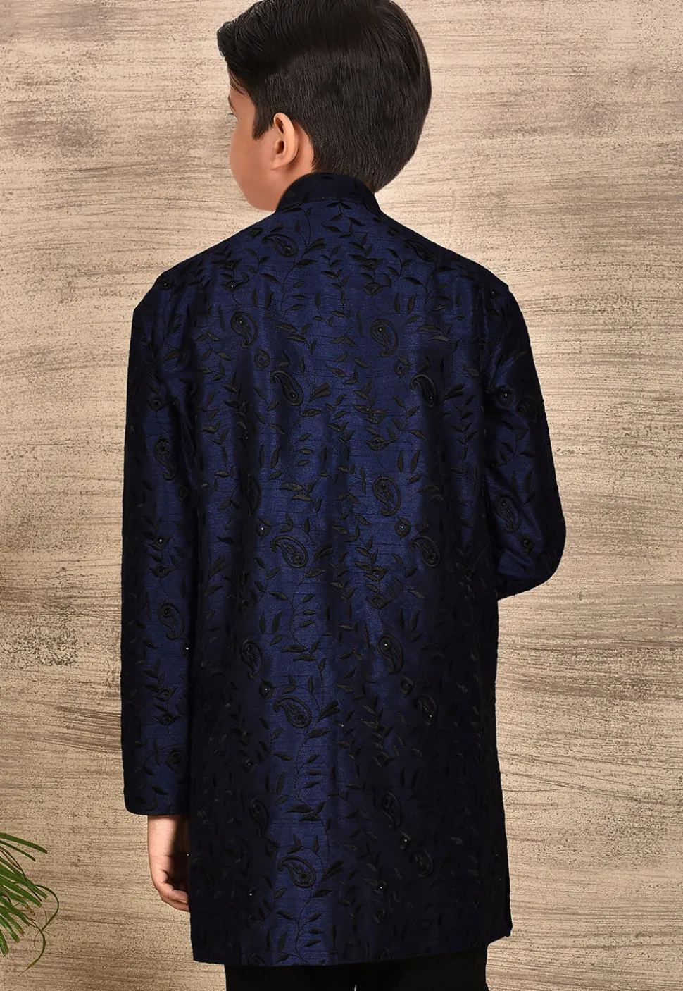 Embroidered Dupion Silk Sherwani in Navy Blue