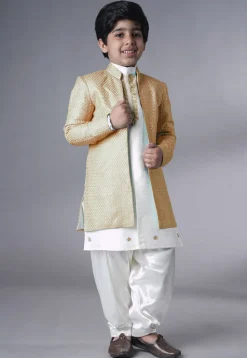 Embroidered Dupion Silk Sherwani Set in Off White and Beige
