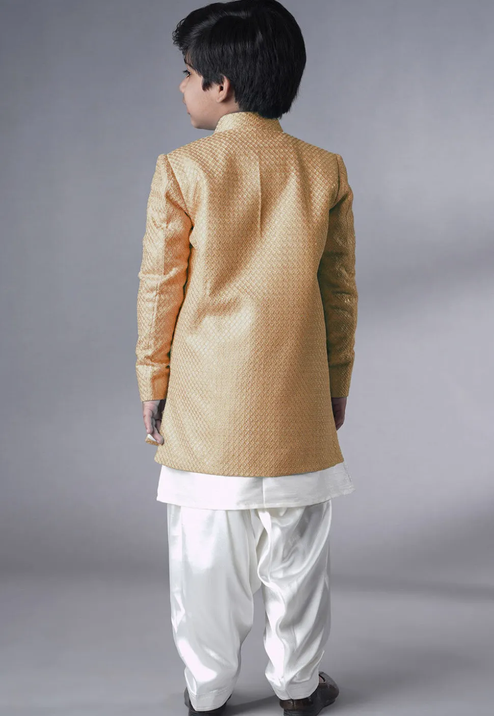 Embroidered Dupion Silk Sherwani Set in Off White and Beige