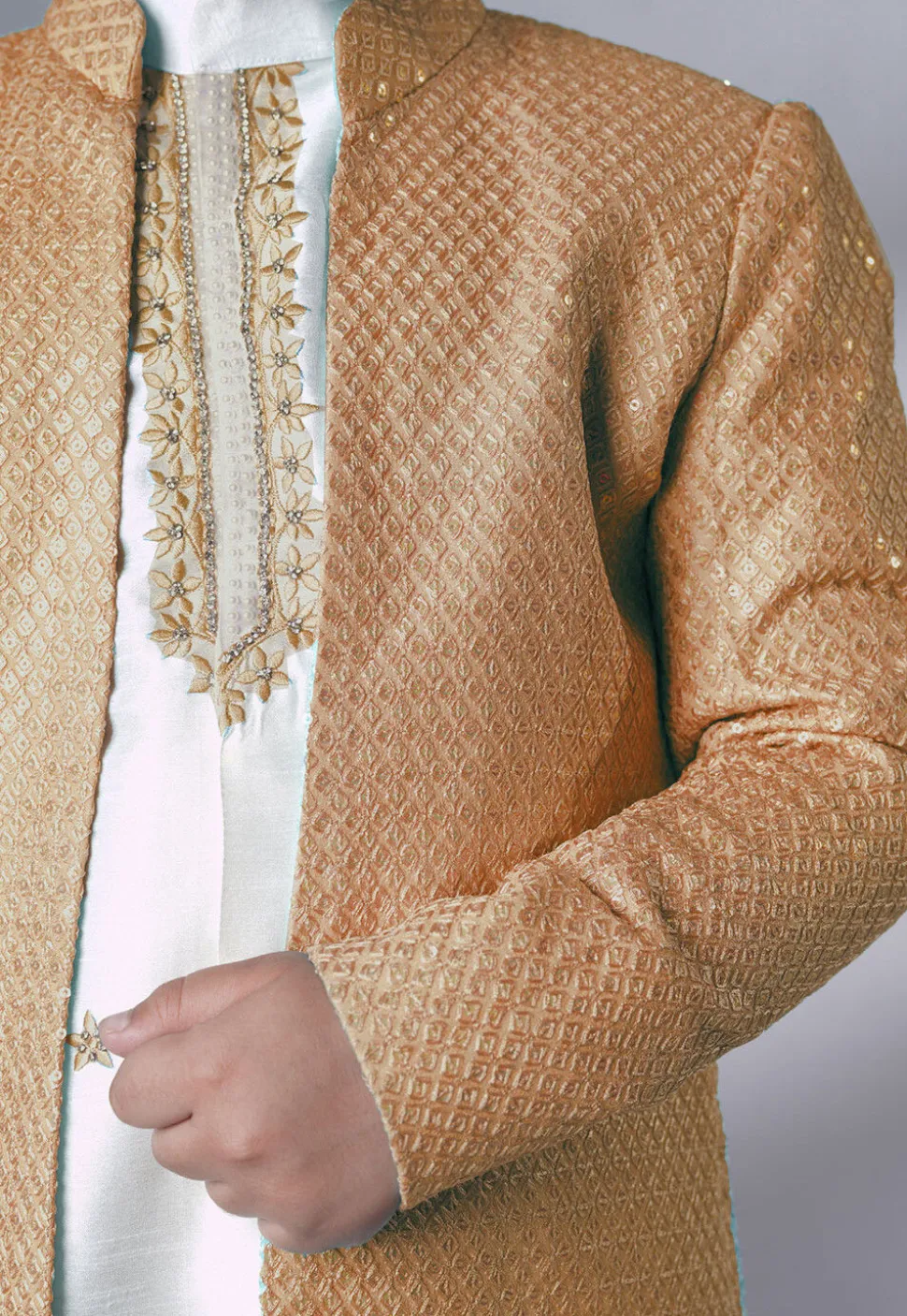 Embroidered Dupion Silk Sherwani Set in Off White and Beige