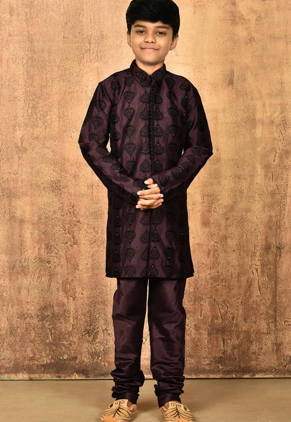 Embroidered Dupion Silk Sherwani Set in Wine