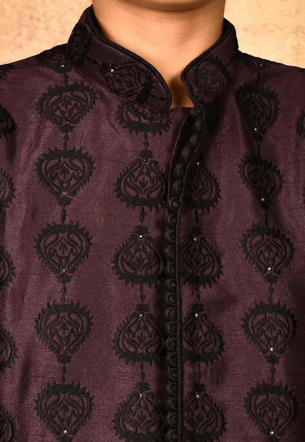 Embroidered Dupion Silk Sherwani Set in Wine