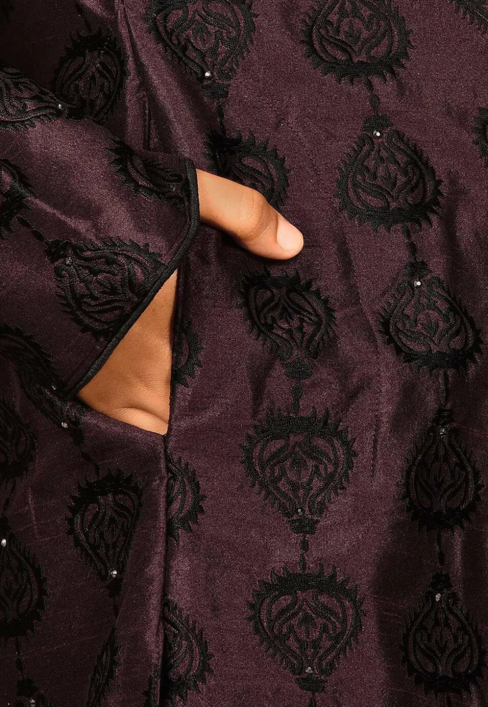 Embroidered Dupion Silk Sherwani Set in Wine