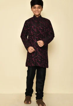 Embroidered Dupion Silk Sherwani in Black