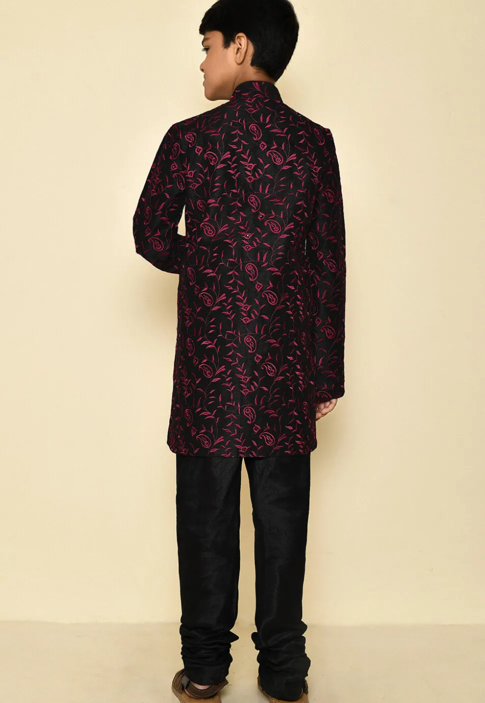 Embroidered Dupion Silk Sherwani in Black