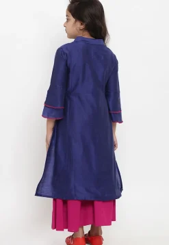 Embroidered Dupion Silk Straight Kurta Set in Navy Blue