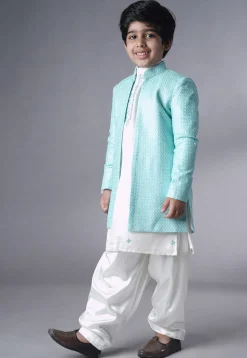 Embroidered Dupion Silk Sherwani Set in Off White