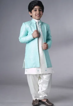 Embroidered Dupion Silk Sherwani Set in Off White