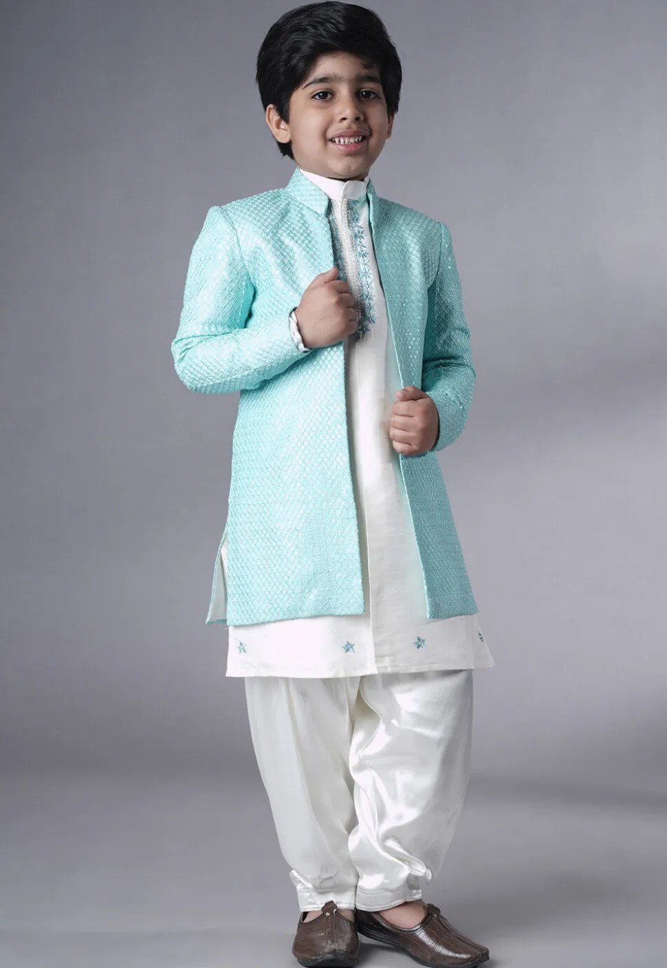 Embroidered Dupion Silk Sherwani Set in Off White