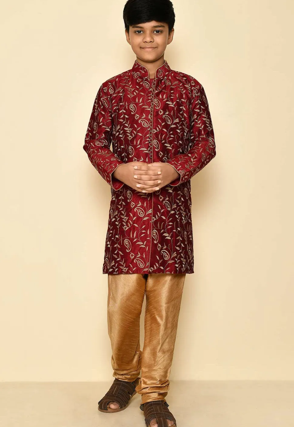 Embroidered Dupion Silk Sherwani Set in Maroon